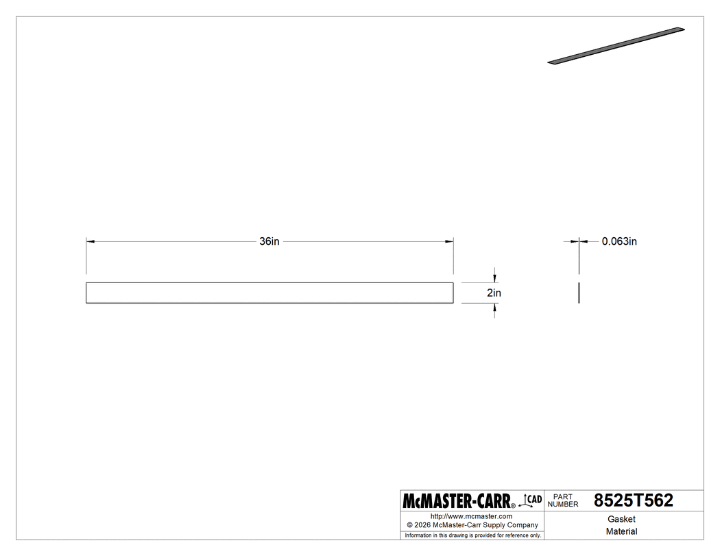 Technical Drawing of Gasket Material, High-Temperature Silicone Strip, 2" Wide x 36" Long x 1/16" Thick.